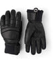 FallLine-Pair of black leather gloves with black cuffs on a white background