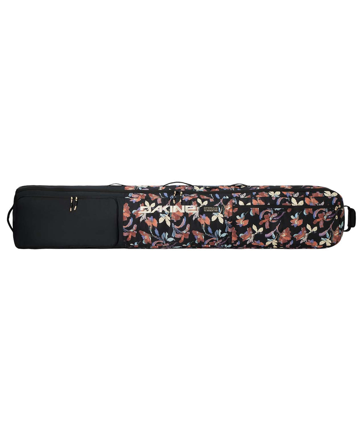 FallLineSkiRollerBag-Black multicolored floral patterned ski bag with Dakine logo on a white background