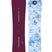 FamilyTreeSketchArtistCamberSnowboard- Two views of a snowboard, topsheet is purple and the base is a blue and white pattern, on a white background.