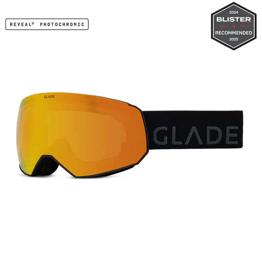 Fathom-Glade ski goggles with a reflective orange-to-yellow gradient lens, a black frame, and a black strap with 'GLADE' branding.
