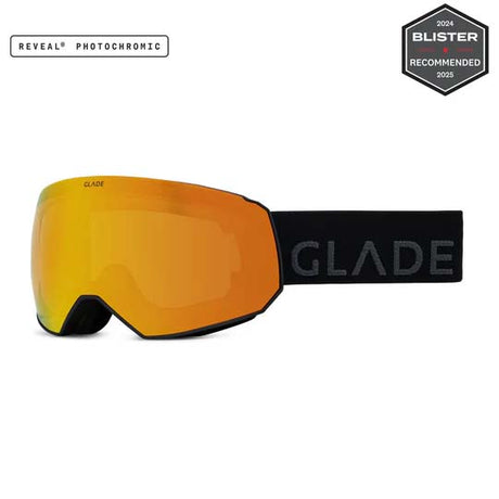 Fathom-Glade ski goggles with a reflective orange-to-yellow gradient lens, a black frame, and a black strap with 'GLADE' branding.
