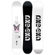 Antigravity- Two views of a GNU snowboard, one with a pink and white design and the other with a black and white design, on a white background.