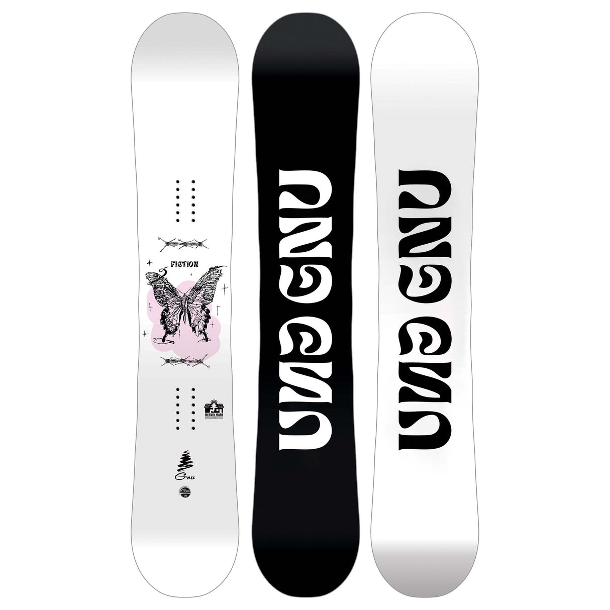 Antigravity- Two views of a GNU snowboard, one with a pink and white design and the other with a black and white design, on a white background.