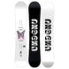 Antigravity- Two views of a GNU snowboard, one with a pink and white design and the other with a black and white design, on a white background.