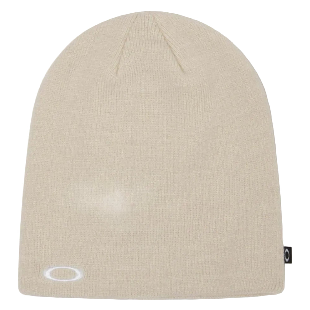 FineKnitHat-Beige beanie with a brand logo on a light gray background