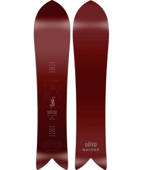 Fintwin-Two views of a red snowboard with 'nitro' branding on a white background