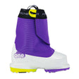 FischerOne- A Fischer One ski boot featuring a vibrant purple ankle guard, a white plastic shell, and neon yellow accents on the strap, sole, and logo.