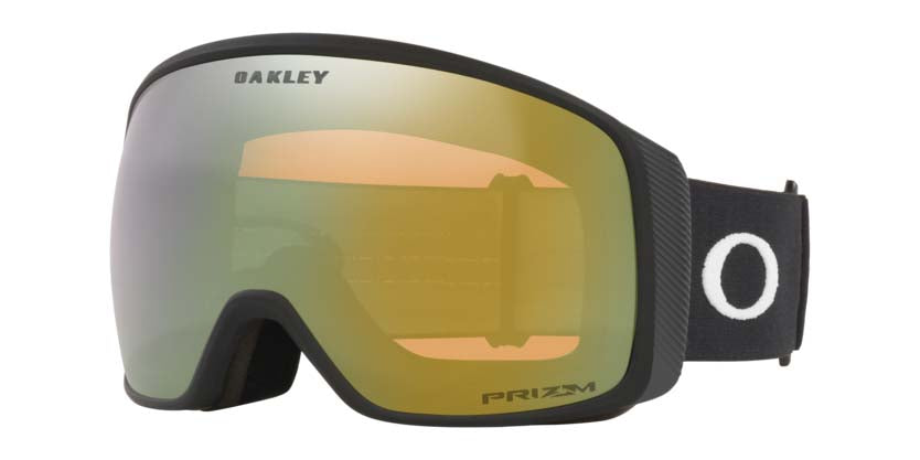 FlightTrackerL-Oakley goggles with gold lens and black frame on a white background