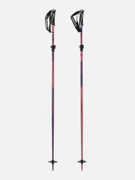 FlipjawFreerideSkiPoles-A pair of ski poles with black handles and tips, featuring a pink and dark purple gradient shaft design, shown against a light gray background.