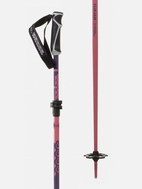 FlipjawFreerideSkiPoles-A pair of ski poles with black handles and tips, featuring a pink and dark purple gradient shaft design, shown against a light gray background.