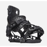 Flow NX2- A black Nidecker Flow Nx2 snowboard binding featuring a two-strap design and aluminum baseplate.