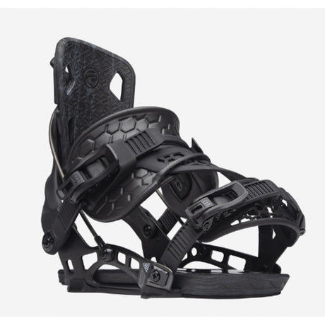 Flow NX2- A black Nidecker Flow Nx2 snowboard binding featuring a two-strap design and aluminum baseplate.