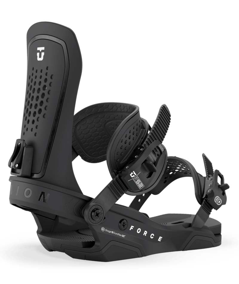 Force- Black snowboard binding with 'Force' branding on a white background