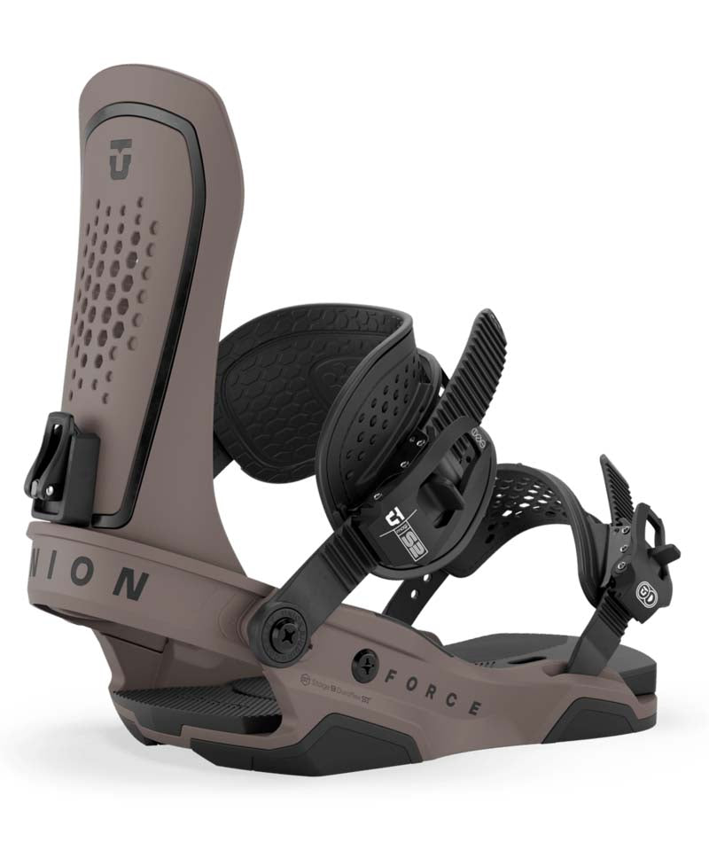 Force- Brown snowboard binding with 'Force' branding on a white background