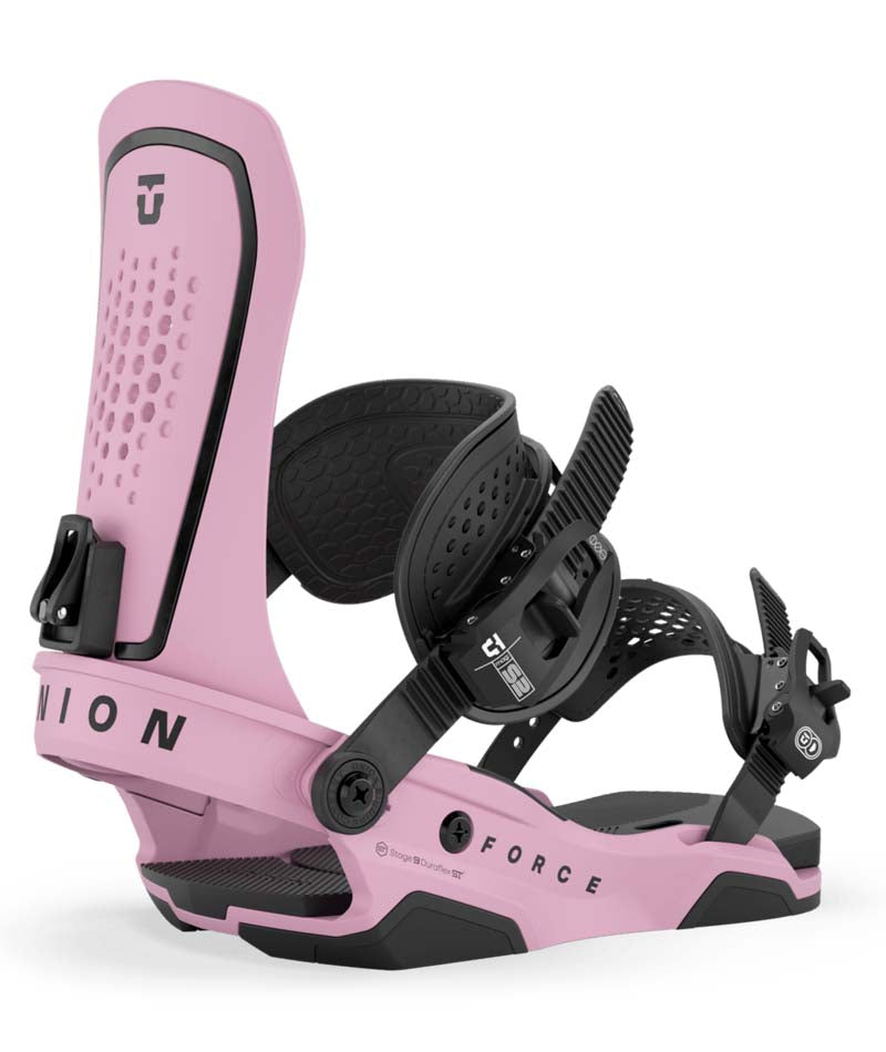 Force- Pink snowboard binding with 'Force' branding on a white background
