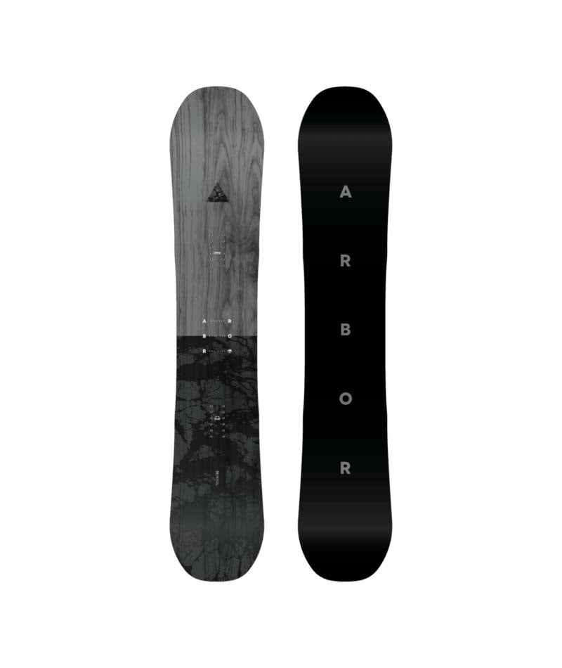 Formula-Two views of a snowboard with 'Arbor' branding on a white background