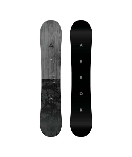 Formula-Two views of a snowboard with 'Arbor' branding on a white background