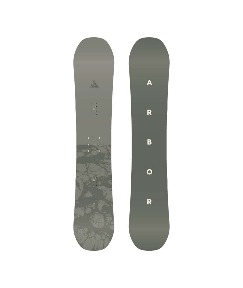 FormulaDeacon-Two views of a gray snowboard with Arbor branding on a white background