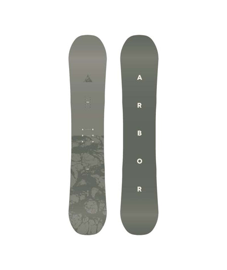 FormulaDeacon-Two views of a gray snowboard with Arbor branding on a white background