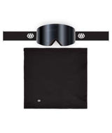 FoundationGogglePack-Black ski goggles with a wide strap and a matching black neck gaiter, both featuring a small white skull logo, displayed on a clean white background.