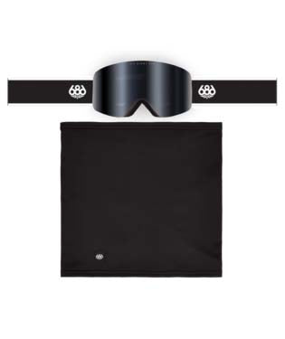 FoundationGogglePack-Black ski goggles with a wide strap and a matching black neck gaiter, both featuring a small white skull logo, displayed on a clean white background.