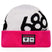 FoxRacingCuffBeanie-White beanie with black and pink accents featuring a logo on a white background