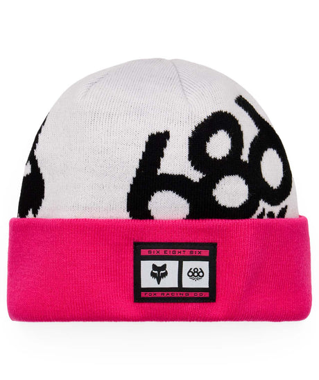 FoxRacingCuffBeanie-White beanie with black and pink accents featuring a logo on a white background