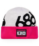 FoxRacingCuffBeanie-White beanie with black and pink accents featuring a logo on a white background