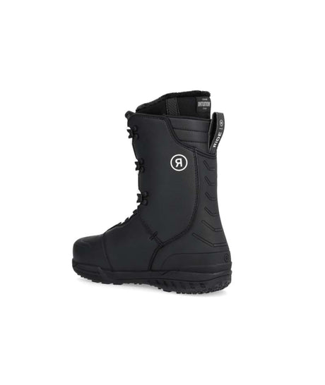 Fuse- Black snowboard boot with white laces and a side BOA on a white background
