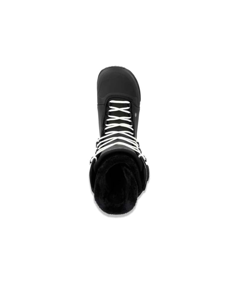 Fuse- Black snowboard boot with white laces and a side BOA on a white background