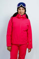 GaiaWomensInsulatedJacket-A woman modeling a bright pink ski jacket and matching ski pants, wearing a black beanie, dark goggles, and a black headband against a plain light gray studio background.