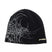 GeneralSkully- A black knit beanie hat featuring a white abstract line-art graphic on the left side and a small yellow 'public' logo on the lower right edge, shown against a plain white background.