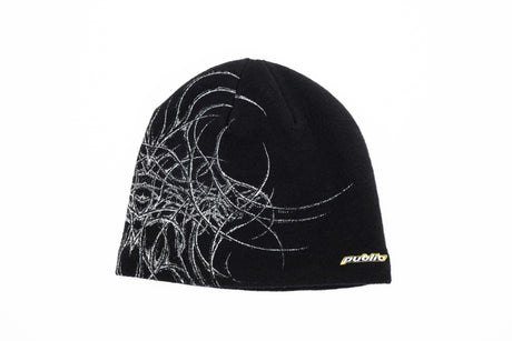 GeneralSkully- A black knit beanie hat featuring a white abstract line-art graphic on the left side and a small yellow 'public' logo on the lower right edge, shown against a plain white background.