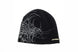 GeneralSkully- A black knit beanie hat featuring a white abstract line-art graphic on the left side and a small yellow 'public' logo on the lower right edge, shown against a plain white background.