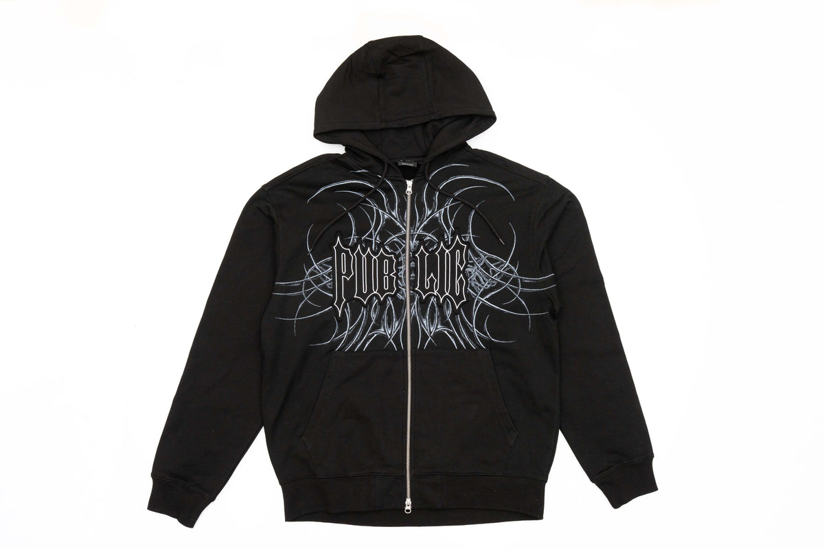 GeneralZipUp-Black full zip hoodie, that has a white 'PUBLIC' logo in the center