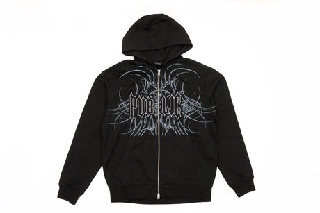 GeneralZipUp-Black full zip hoodie, that has a white 'PUBLIC' logo in the center