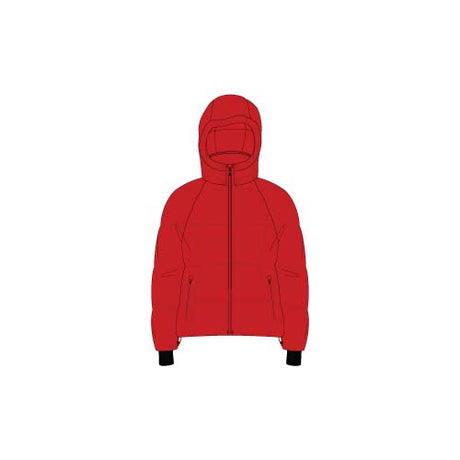 GeorgieJacket-A red hooded puffer jacket shown from the front on a plain white background.