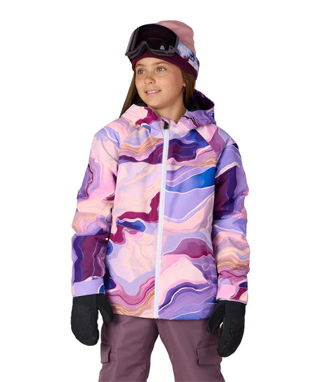 GirlsAthenaInsulatedJacket-Child wearing a colorful jacket and goggles on a white background