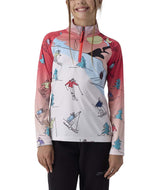 GirlsSurface1_2Zip- Girl wearing a coral, light blue, and white quarter zip with skier design on a white background