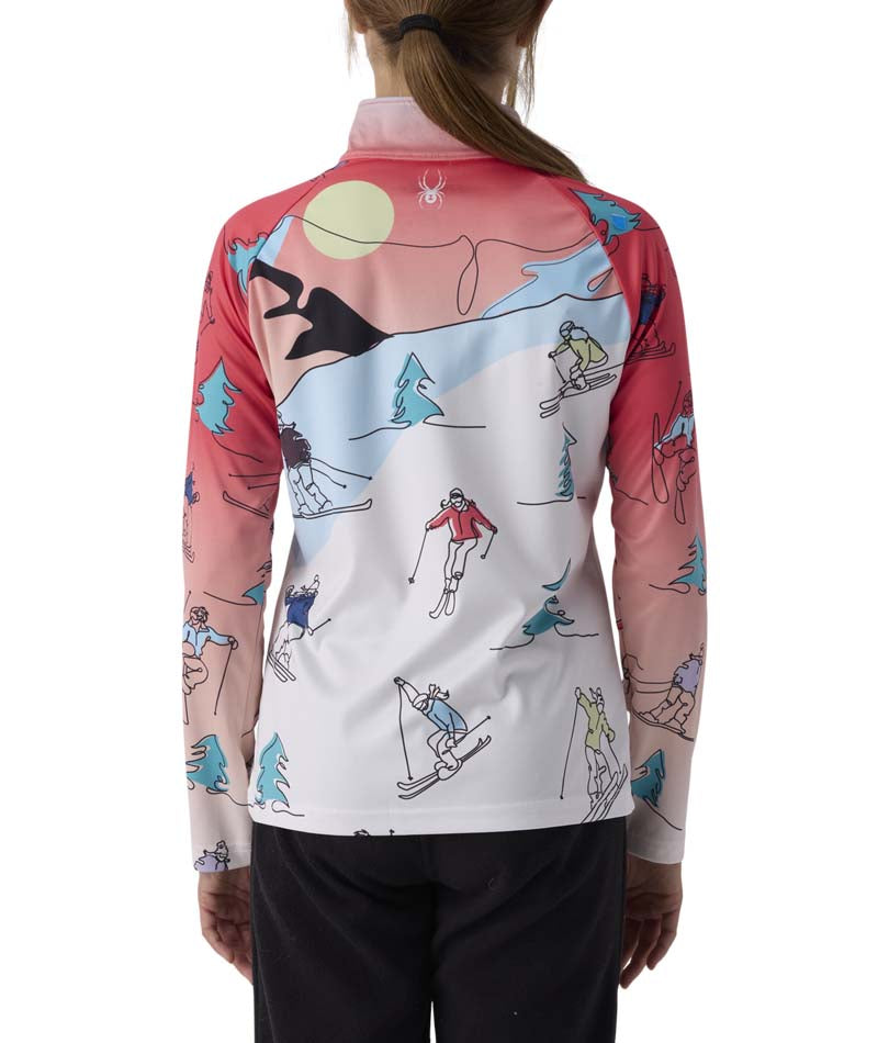 GirlsSurface1_2Zip- Girl wearing a coral, light blue, and white quarter zip with skier design on a white background