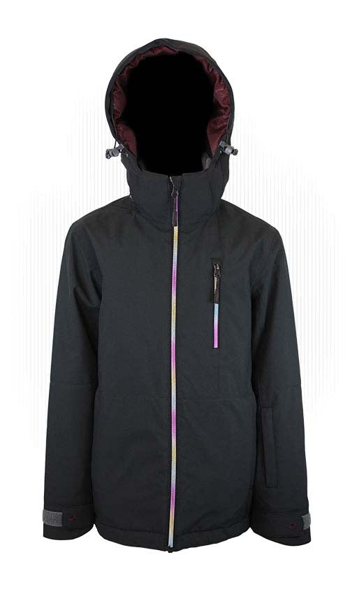GirlsToesideJacket-Black jacket with a colorful zipper on a white background