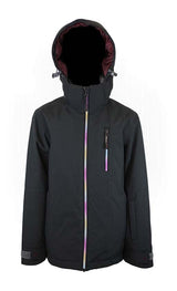 GirlsToesideJacket-Black jacket with a colorful zipper on a white background