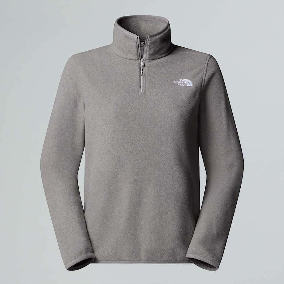GlacierFleece1_4ZipJacket-A gray quarter-zip fleece pullover from The North Face, displayed on a neutral light gray background.