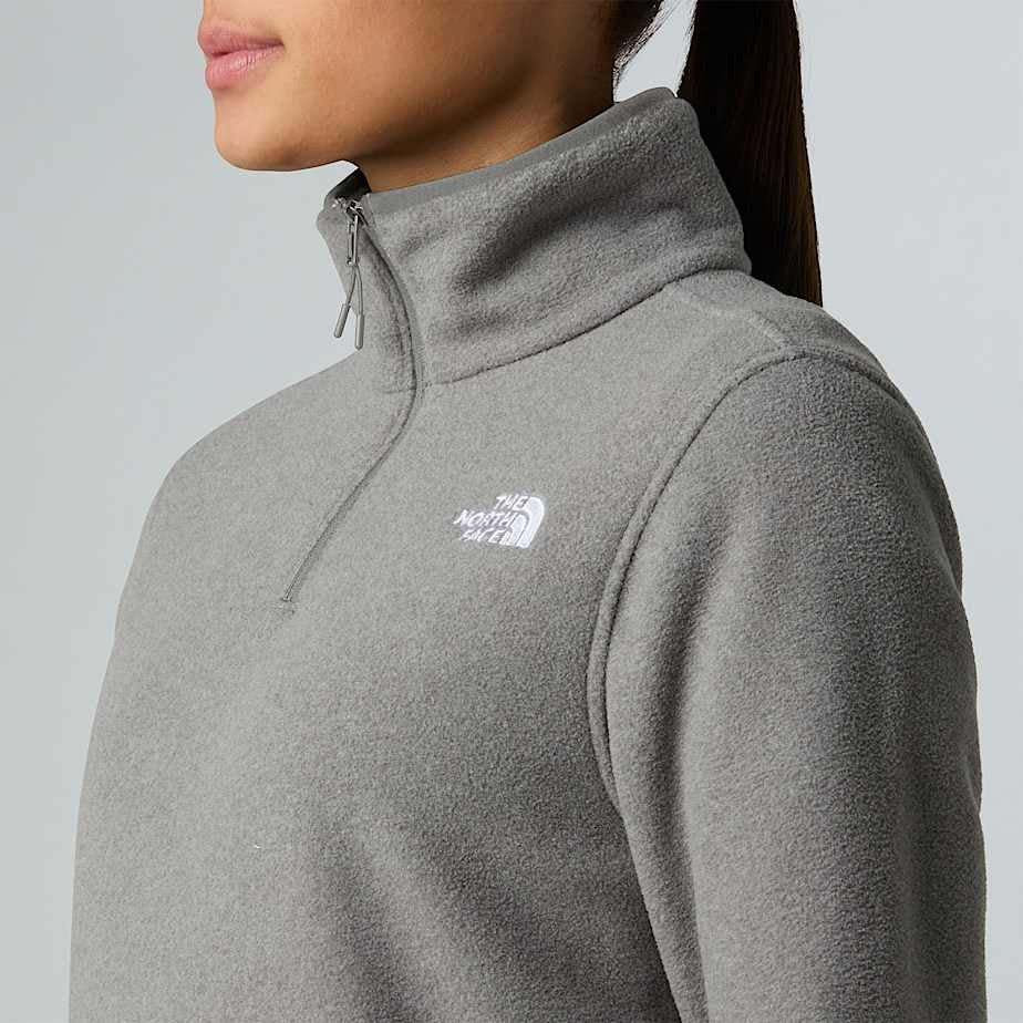 GlacierFleece1_4ZipJacket-A gray quarter-zip fleece pullover from The North Face, displayed on a neutral light gray background.