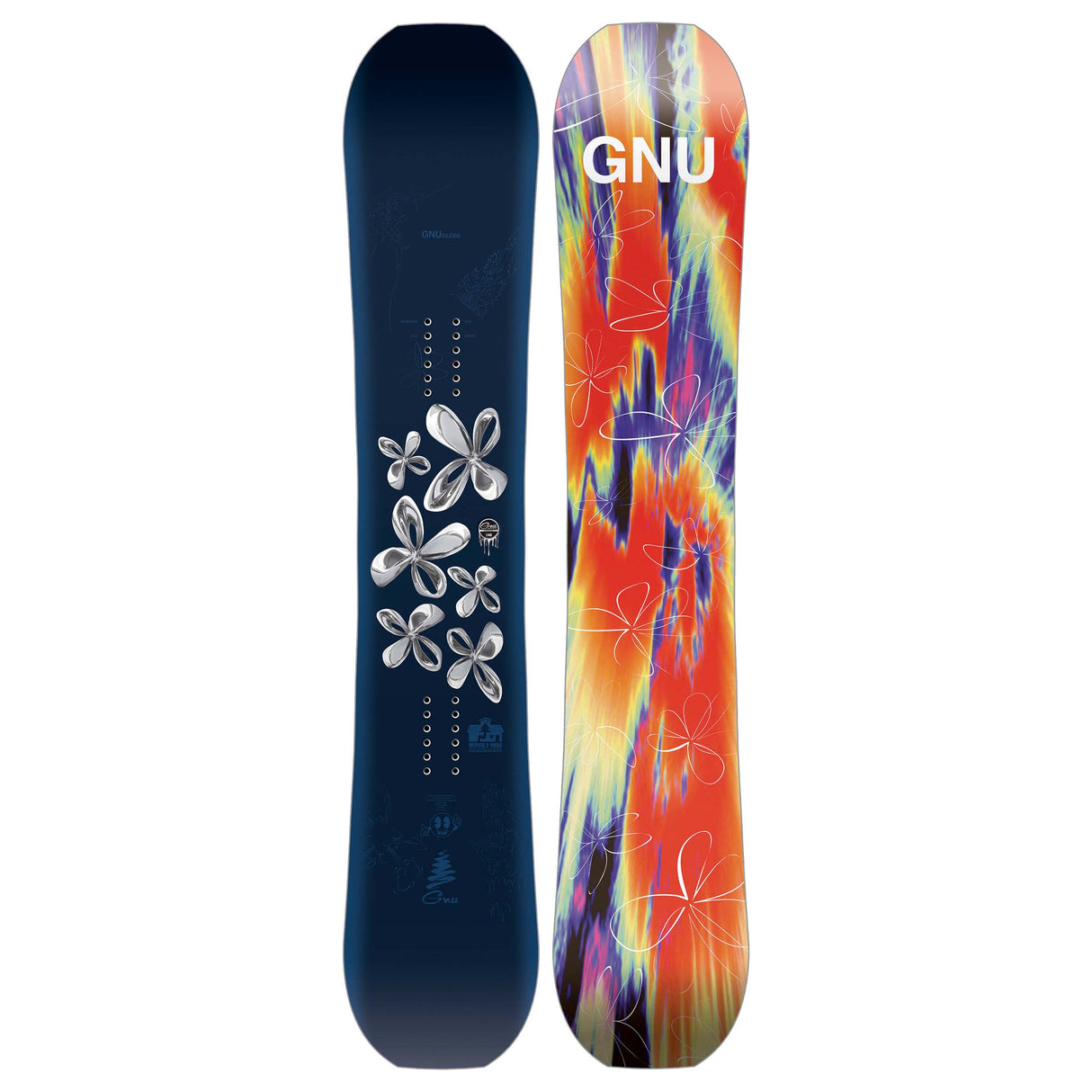 Gloss- Two views of a snowboard, one blue with floral design and one tie-dye with 'GNU' branding, on a white background.