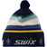 GundeBeanie-A knit pom-pom beanie hat with horizontal stripes in navy, blue, light blue, cream, green, and yellow, featuring a white knitted 'swix' logo and snowflake motifs on the folded cuff.