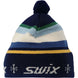 GundeBeanie-A knit pom-pom beanie hat with horizontal stripes in navy, blue, light blue, cream, green, and yellow, featuring a white knitted 'swix' logo and snowflake motifs on the folded cuff.