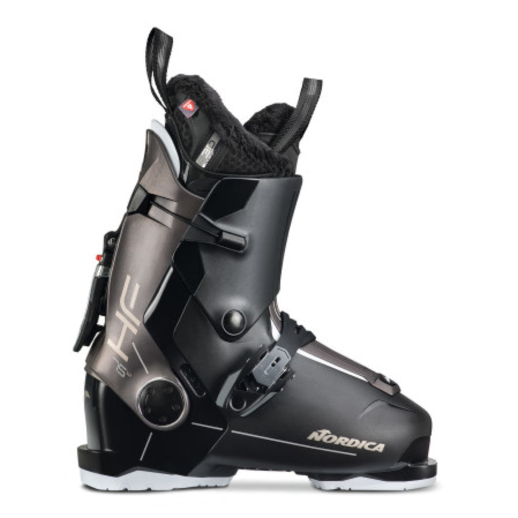 WHF75- Nordica HF 75 W women's ski boot with a black and white color scheme, featuring a soft-flexing rear-entry system and a plush liner.