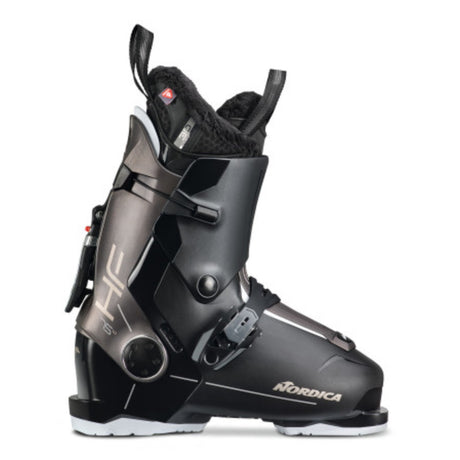 WHF75- Nordica HF 75 W women's ski boot with a black and white color scheme, featuring a soft-flexing rear-entry system and a plush liner.