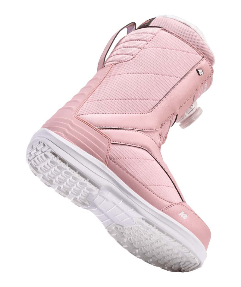 Haven- Pink and white snowboard boot on a white background